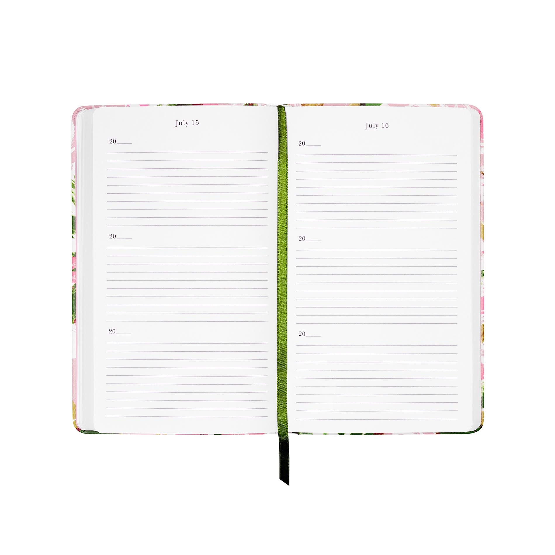 Open planner with floral design on a white background