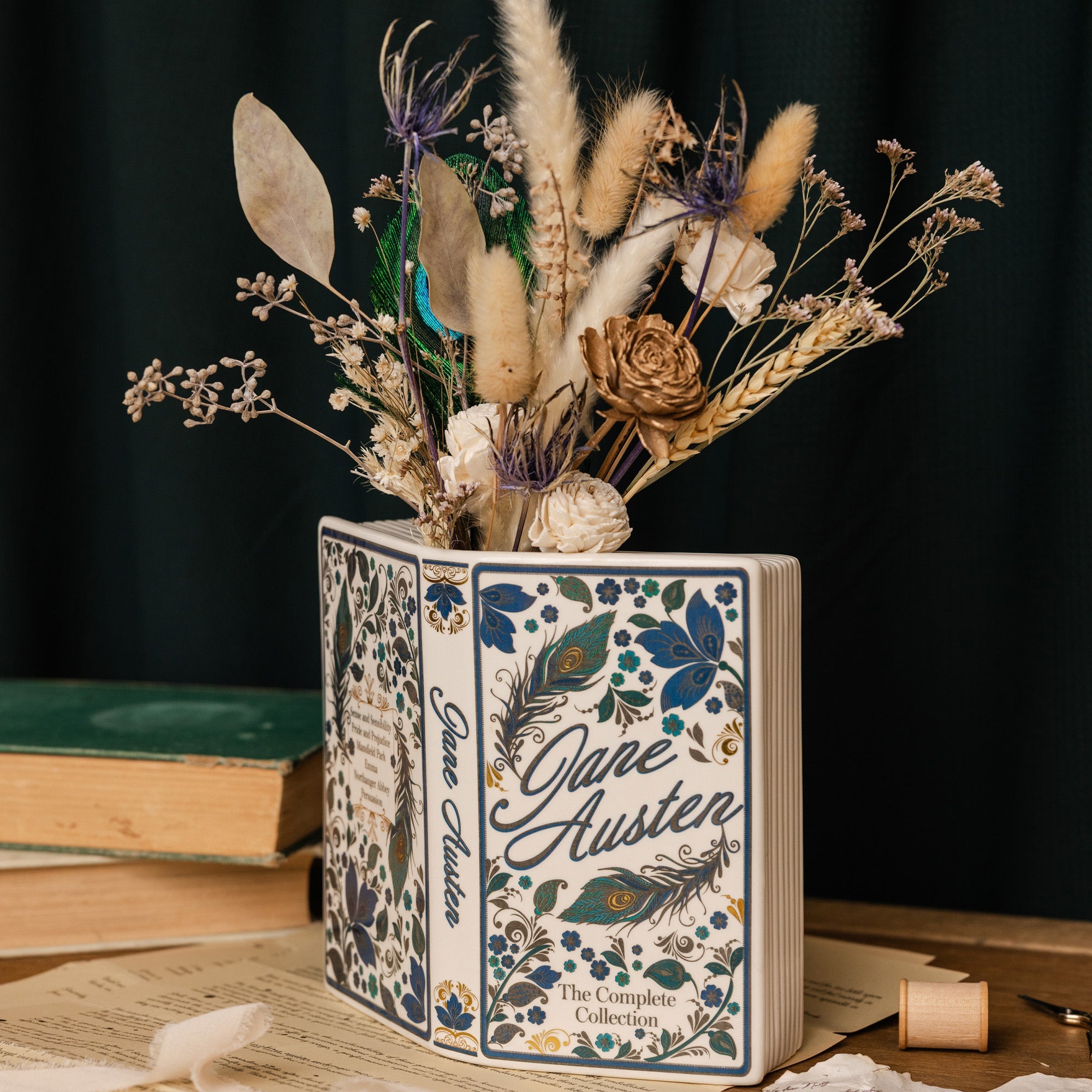Jane Austen open book vase with flowers inside