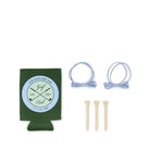 Green can cooler with golf-themed design, two blue hair ties, and four wooden golf tees on a white background.