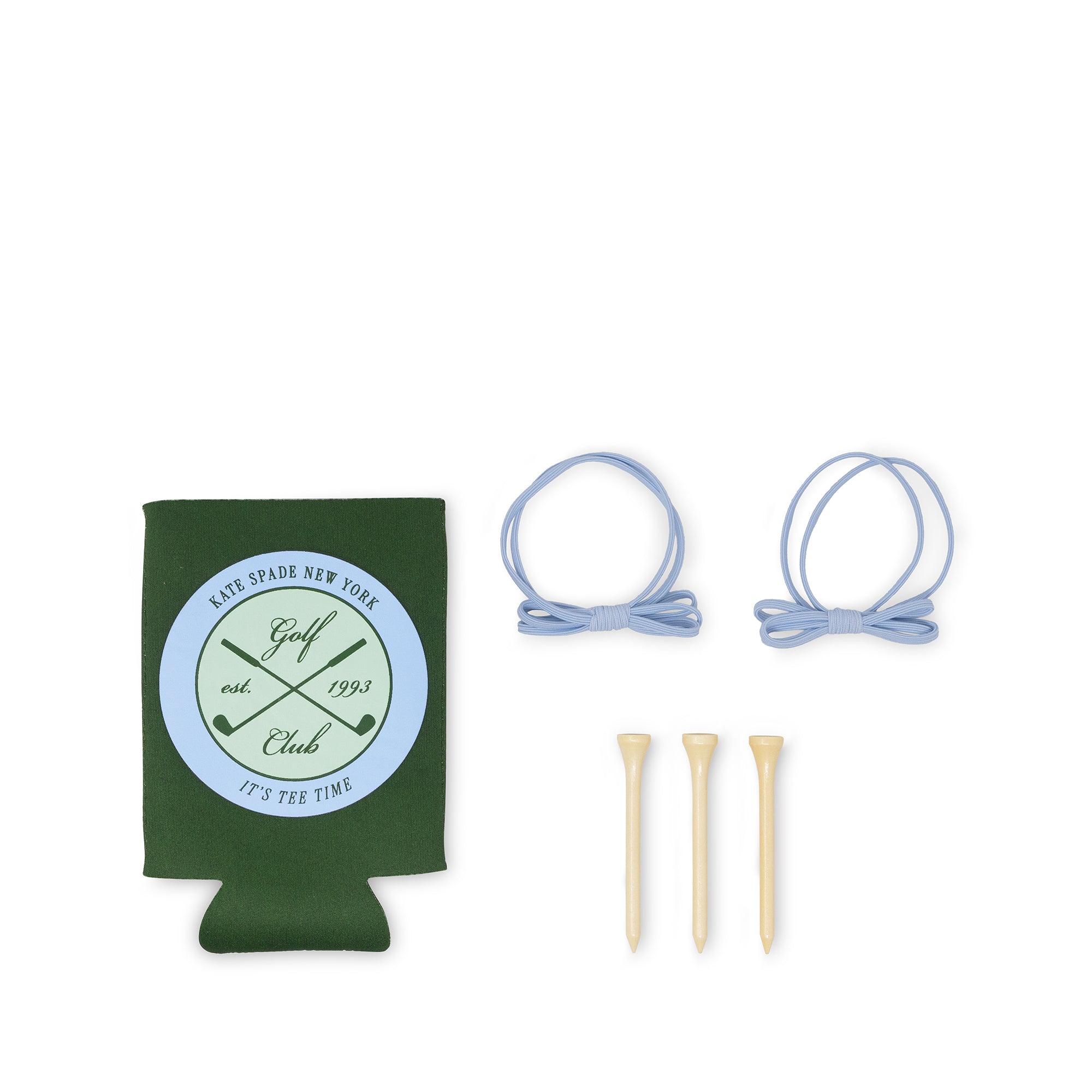 Green can cooler with golf-themed design, two blue hair ties, and four wooden golf tees on a white background.