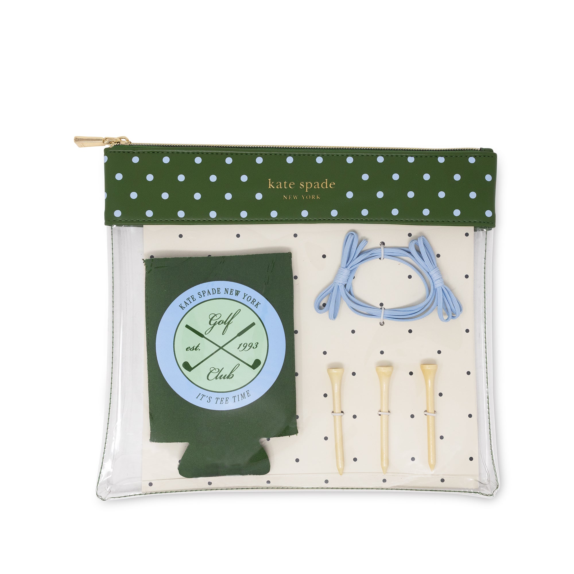 Kate Spade New York golf-themed kit with can cooler, lanyard, and golf club simulator in a clear pouch with green polka dot lid.