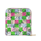 A square zippered pouch featuring a colorful patchwork print of green, pink, blue, and beige squares with black hand-drawn illustrations and text from Lilly Pulitzer, shown on a plain white background.