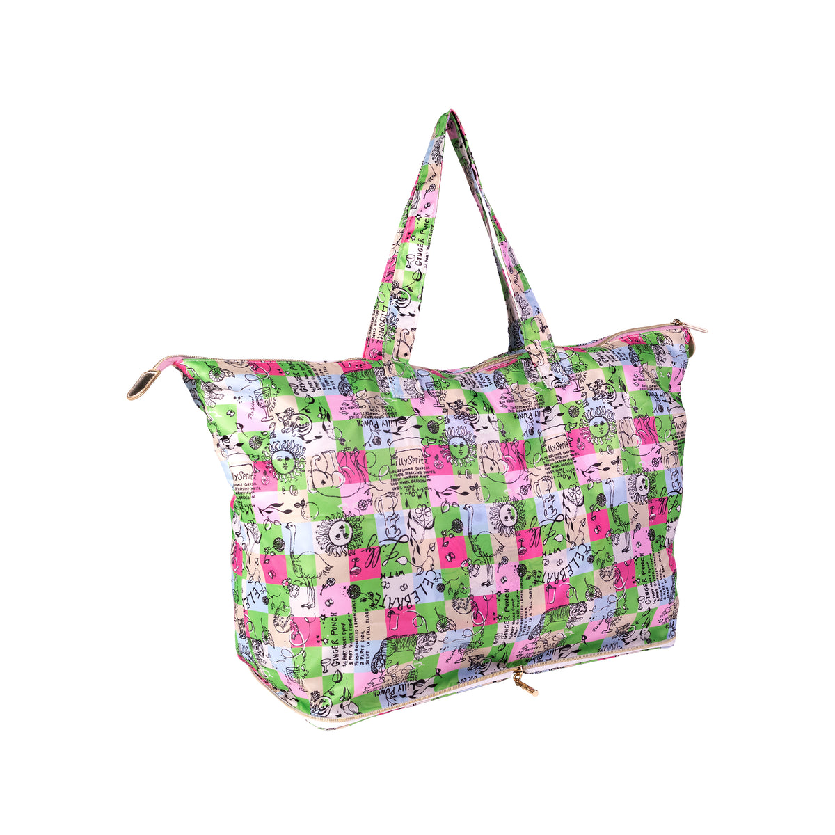 A large tote bag with a colorful patchwork print featuring cartoon characters and text in pink, green, blue, and white, shown on a plain white background.