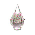 A small tote bag with a colorful cartoon print, featuring a front zippered pocket, mesh side pockets, and a top handle, shown against a plain white background.