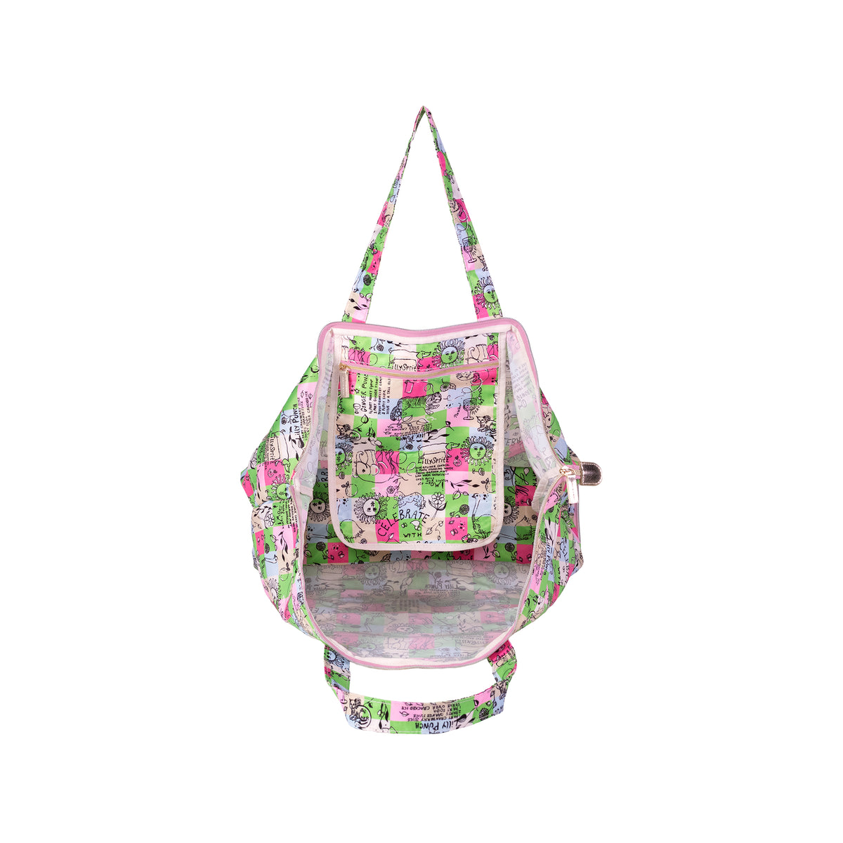 A small tote bag with a colorful cartoon print, featuring a front zippered pocket, mesh side pockets, and a top handle, shown against a plain white background.