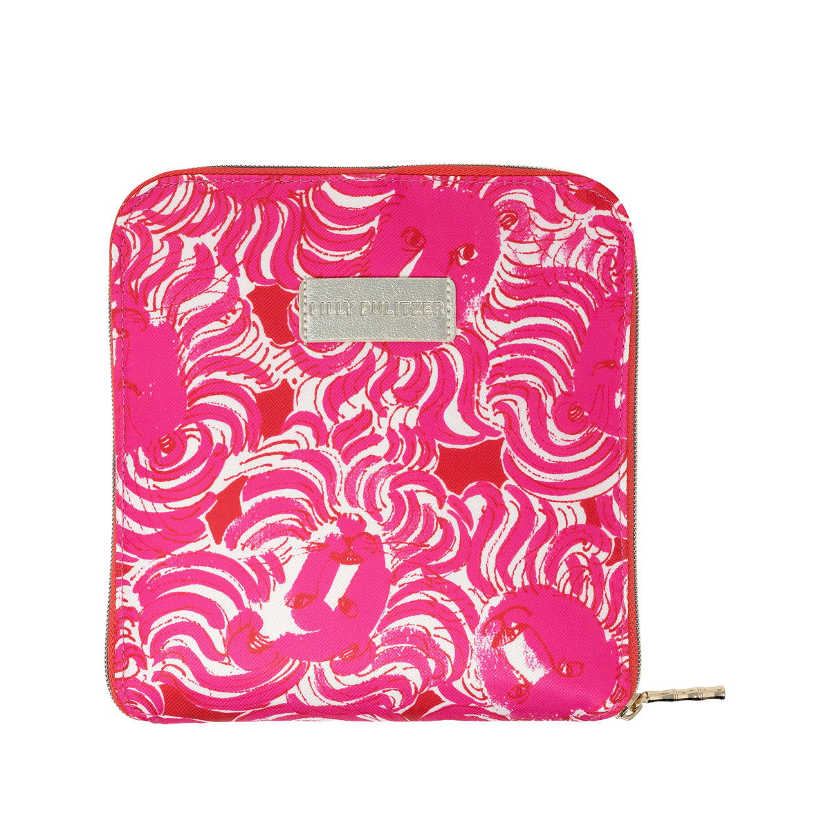 A square zippered pouch featuring a vibrant pink and white abstract swirl pattern, with a silver-tone metal brand plaque on the front and a gold-toned zipper.