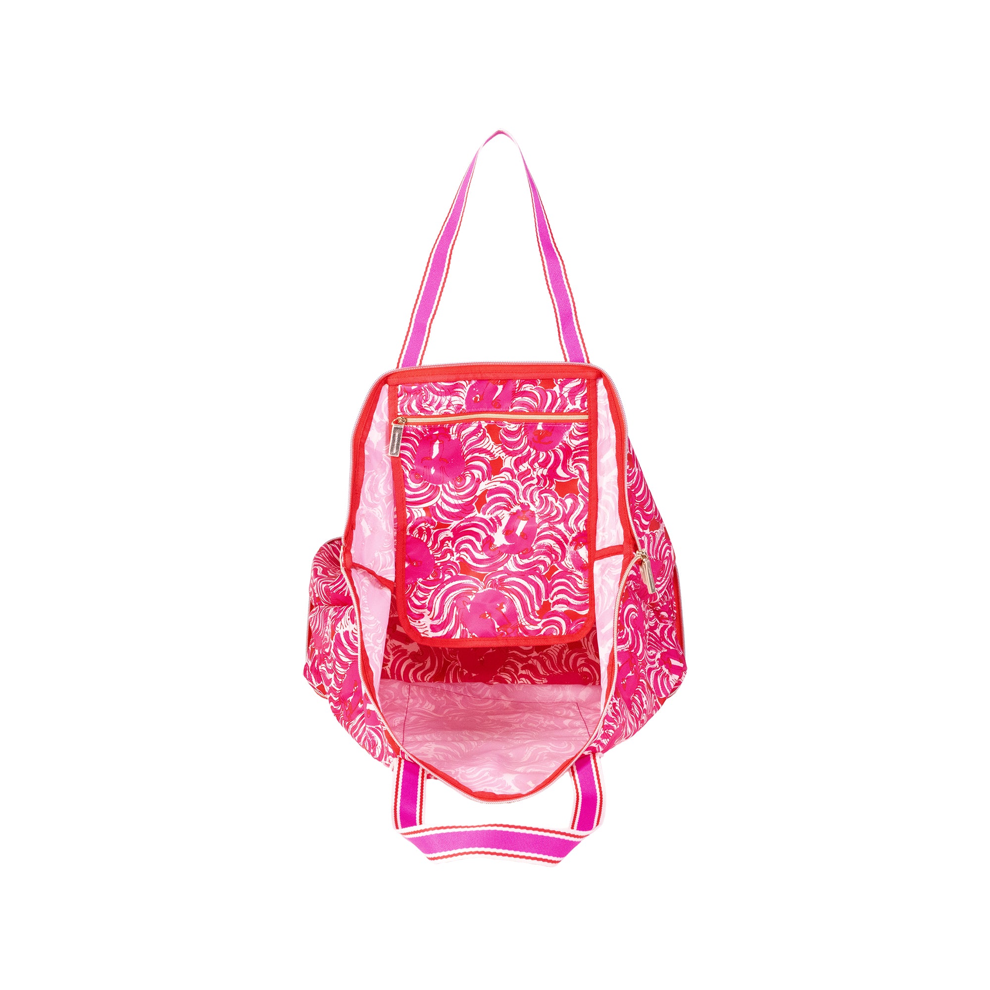 A pink and white patterned tote bag with bright pink handles and trim, shown from the front on a plain white background.