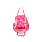 A pink and white patterned tote bag with bright pink handles and trim, shown from the front on a plain white background.
