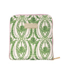 A square zippered pouch featuring a green botanical damask pattern on a cream background, with a beige leather brand patch and a gold zipper pull.