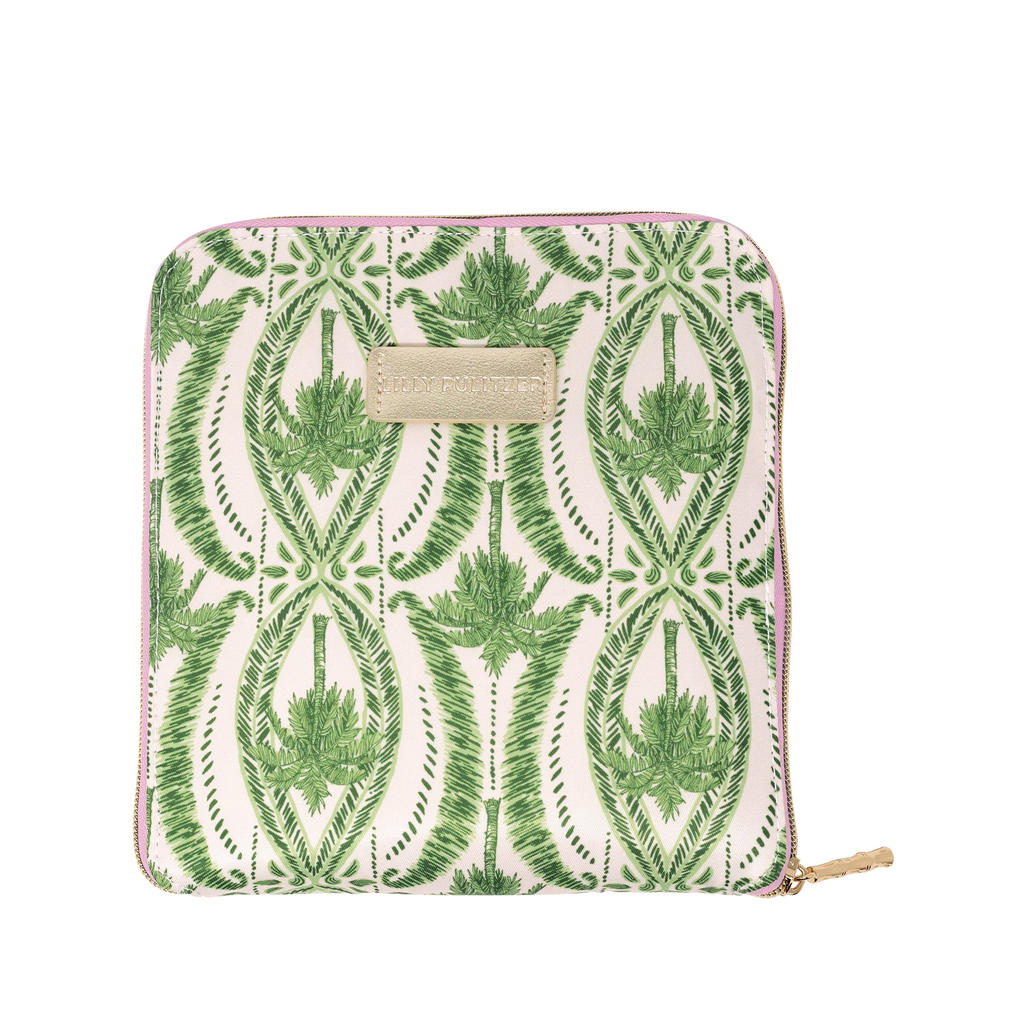 A square zippered pouch featuring a green botanical damask pattern on a cream background, with a beige leather brand patch and a gold zipper pull.