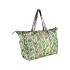 A green and white patterned tote bag with matching shoulder straps, shown on a plain white background.