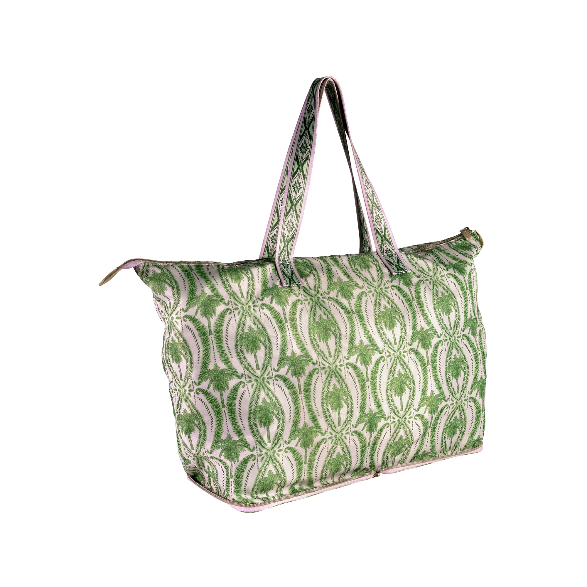 A green and white patterned tote bag with matching shoulder straps, shown on a plain white background.
