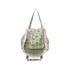 A green and white damask-patterned tote bag with light pink piping and handles, shown against a plain white background.