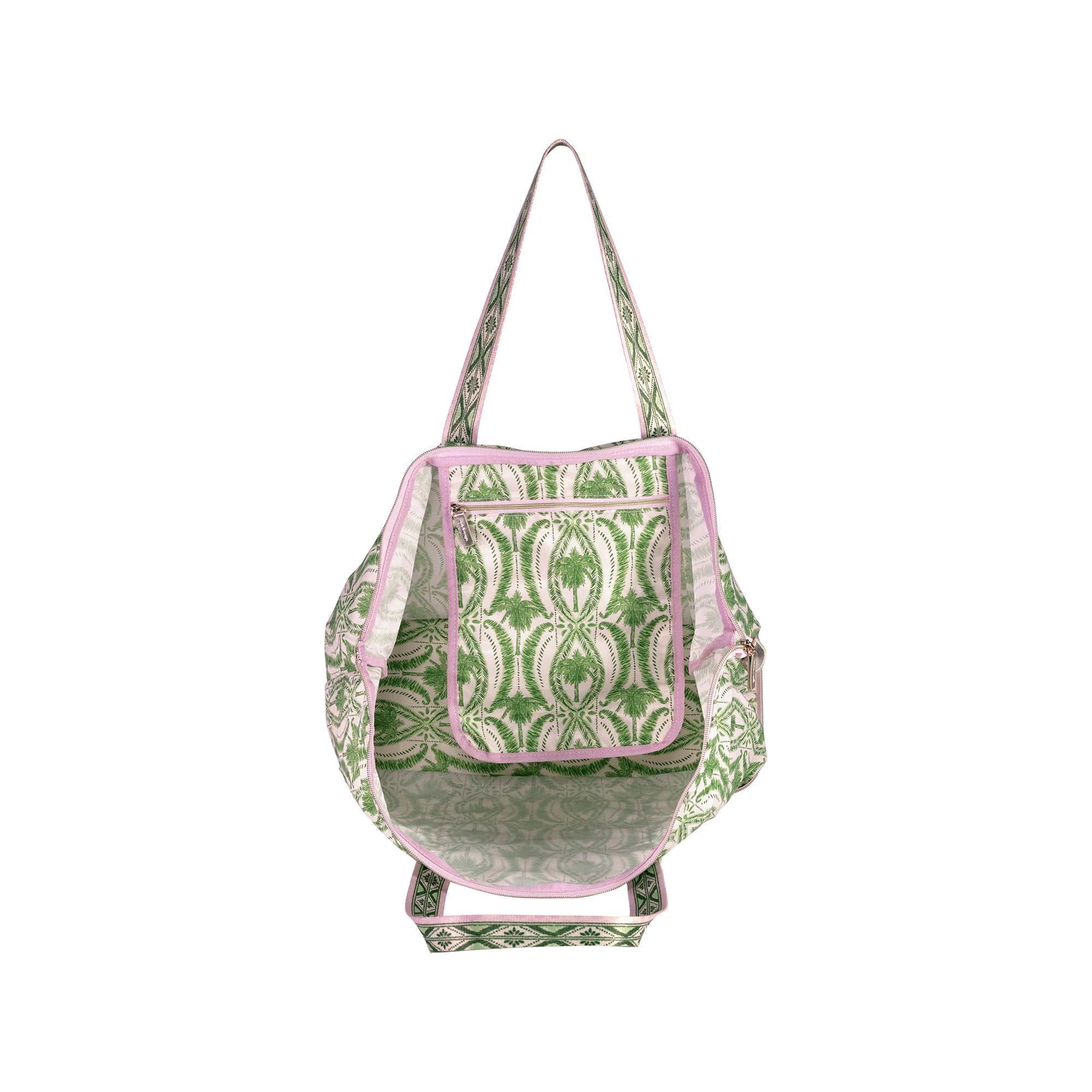 A green and white damask-patterned tote bag with light pink piping and handles, shown against a plain white background.