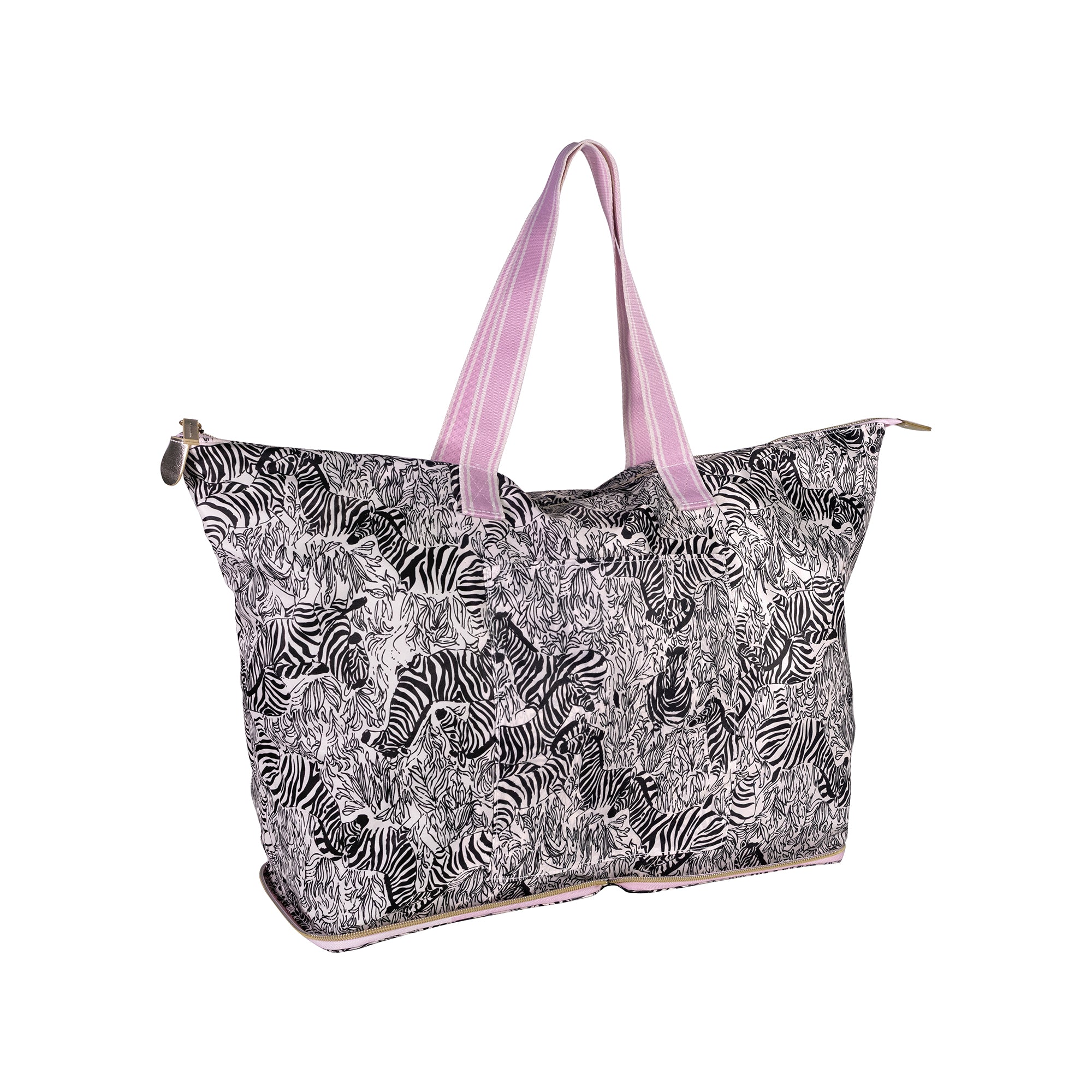 A large tote bag with a black and white zebra print pattern and light pink handles, shown on a plain white background.