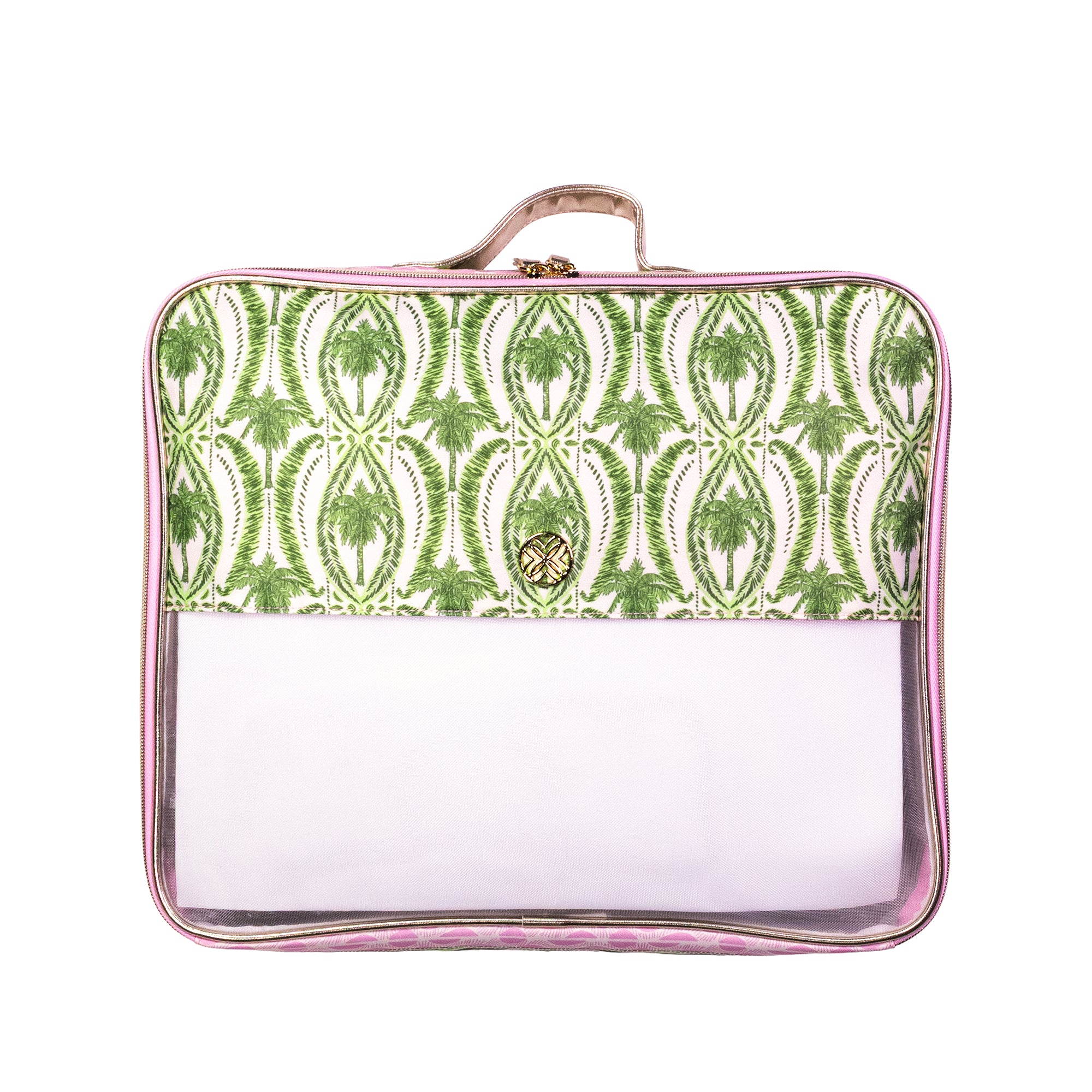A rectangular zippered travel pouch with a top handle, featuring a green and white palm tree pattern on the upper half and a clear plastic lower half, finished with pink trim.