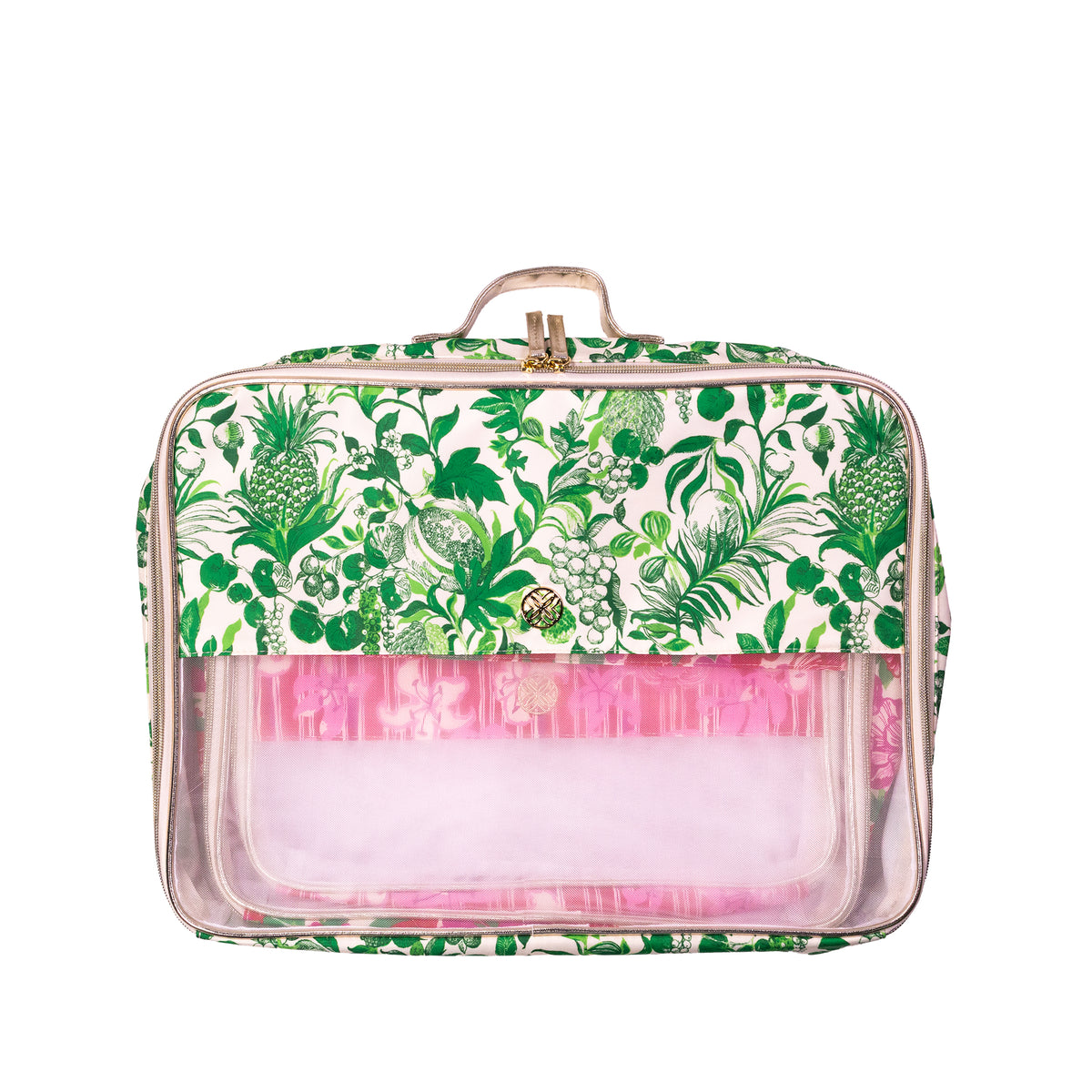 A rectangular cosmetic bag with a green botanical and fruit print on a white background, featuring a clear front window and a pink interior pouch, shown on a white background.