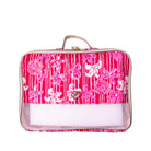 A rectangular pink cosmetic bag with a floral and bow pattern on the upper half and a clear lower pocket containing a white item. The bag has a top handle, a gold-tone zipper, and a small round metal logo charm, photographed on a white background.