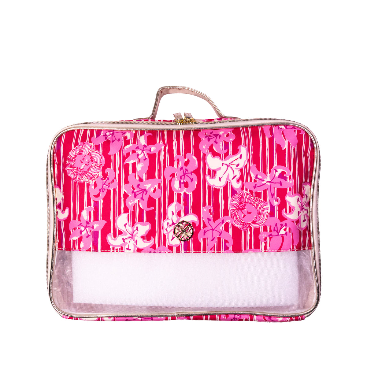 A rectangular pink cosmetic bag with a floral and bow pattern on the upper half and a clear lower pocket containing a white item. The bag has a top handle, a gold-tone zipper, and a small round metal logo charm, photographed on a white background.
