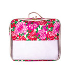 A rectangular travel pouch or small bag with a floral print top half and a clear plastic front pocket on a white background.