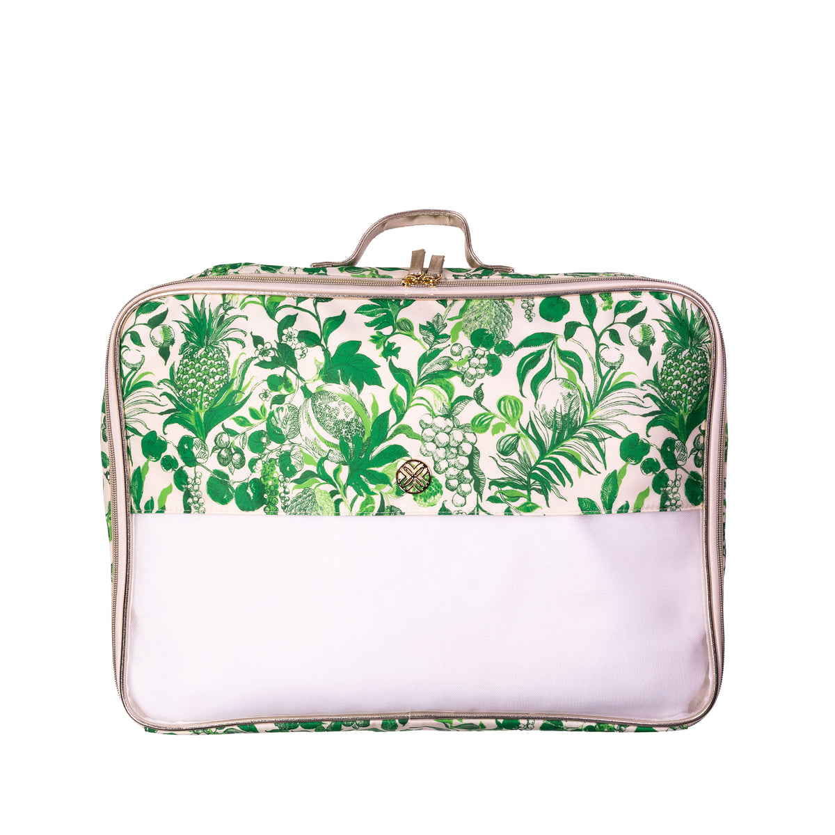 A rectangular travel luggage bag with a green tropical botanical print on the upper half and a solid pale pink lower pocket, featuring a top handle and gold-tone hardware.