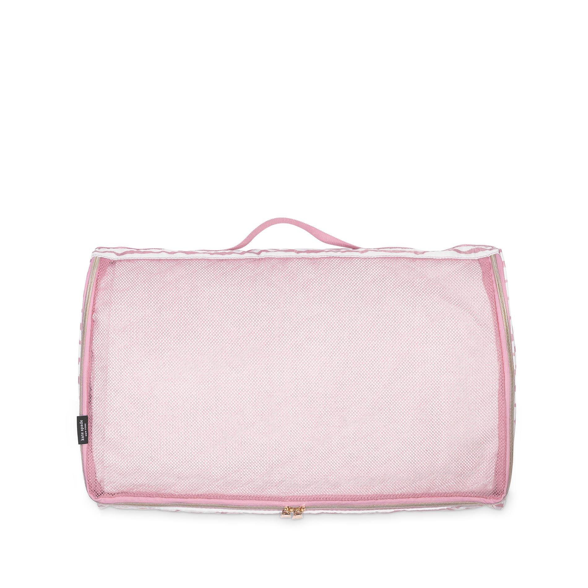 pink mesh back of pink and white striped packing cube on a white background