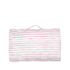 Pink and white striped packing cube on a white background
