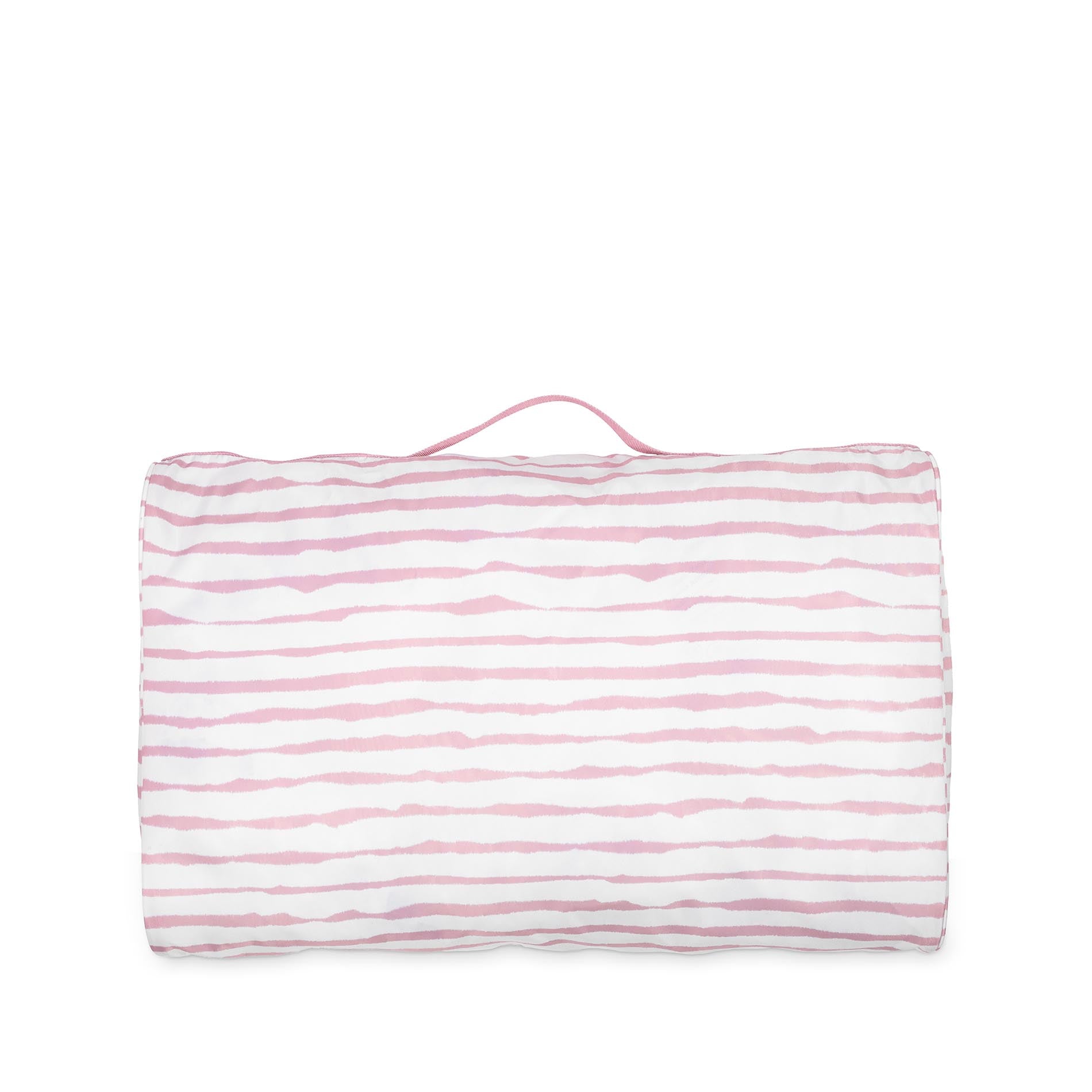 Pink and white striped packing cube on a white background