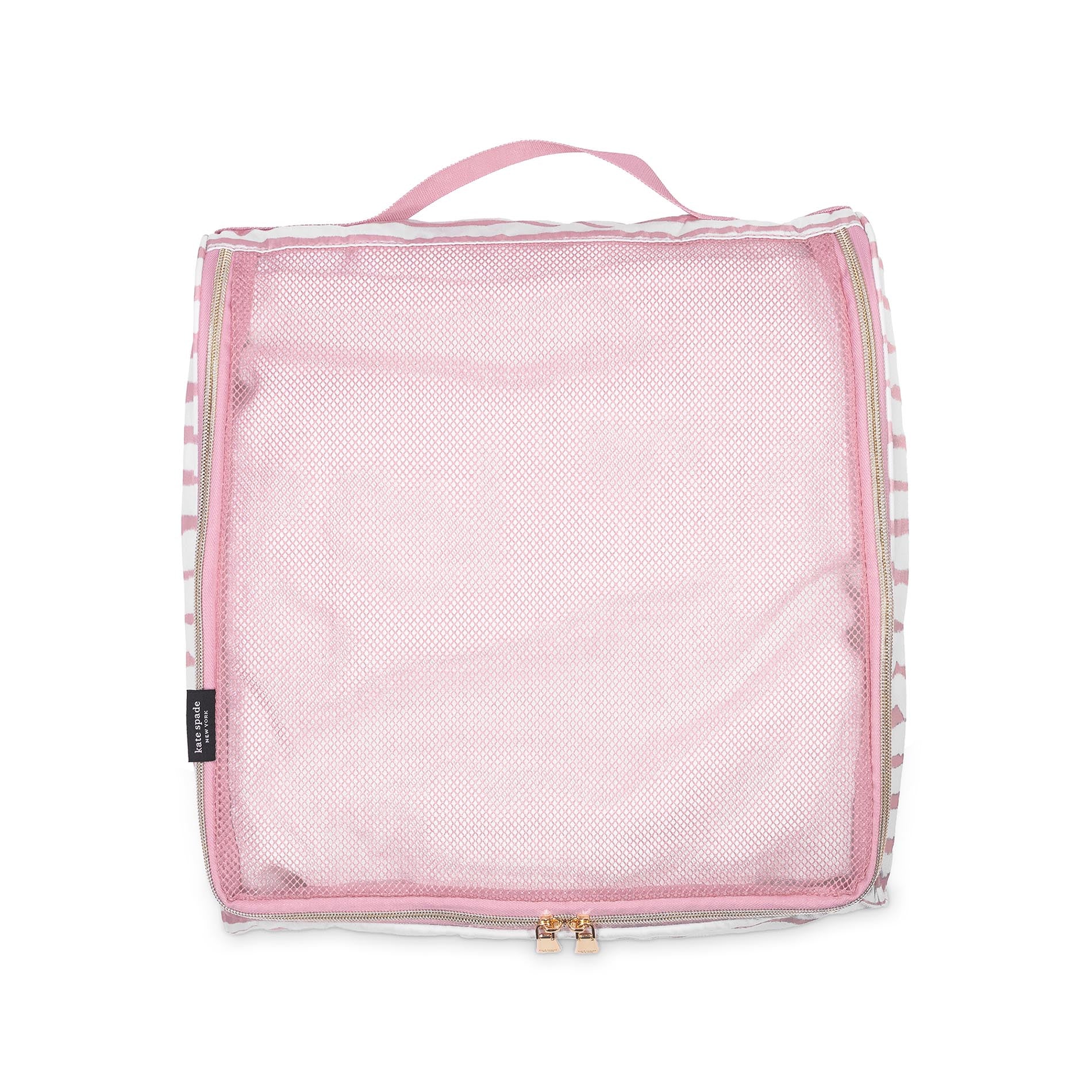 Pink mesh travel bag with a handle on a white background