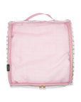 Pink mesh travel bag with a handle on a white background