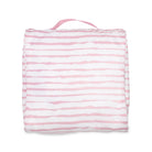 pink and white striped packing cube on a white background