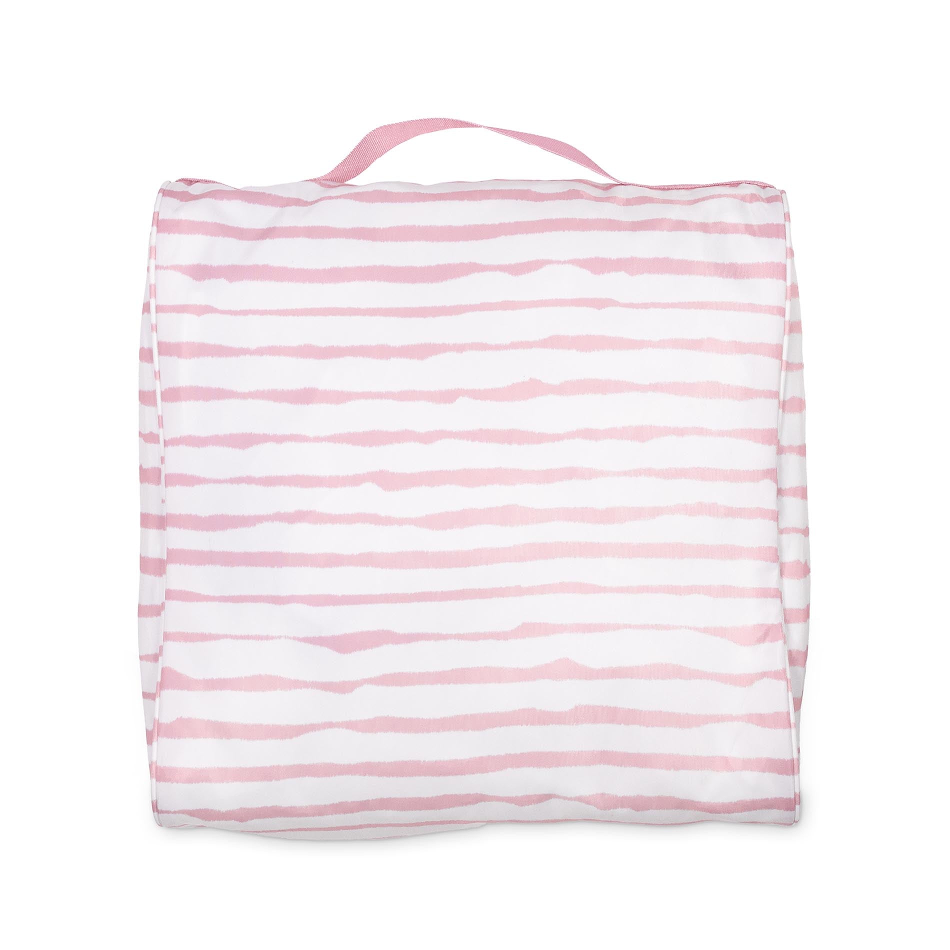pink and white striped packing cube on a white background