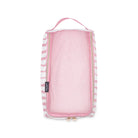 Pink striped travel pouch on a white background