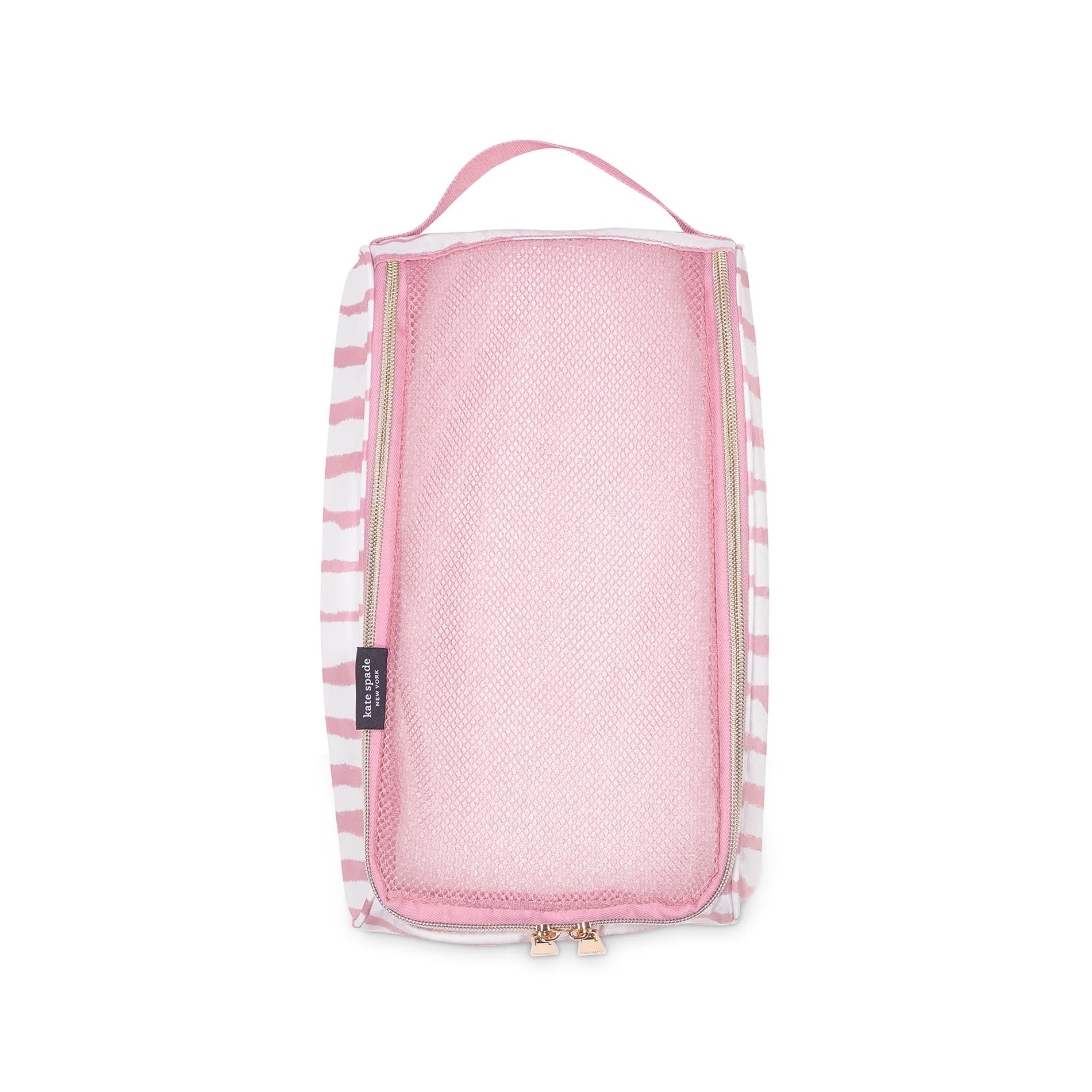 Pink striped travel pouch on a white background