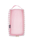 Pink striped travel pouch on a white background
