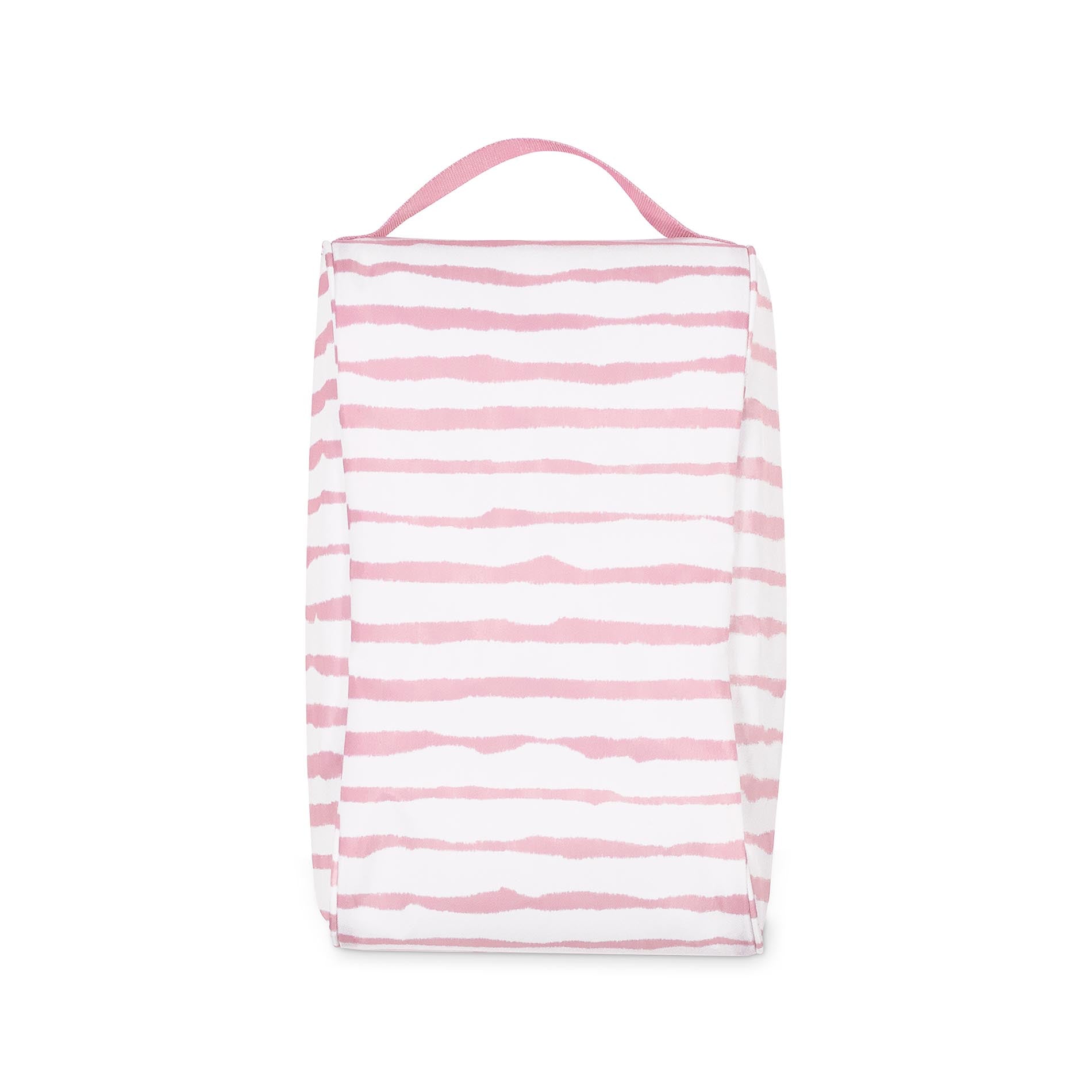 Pink and white striped bag on a white background
