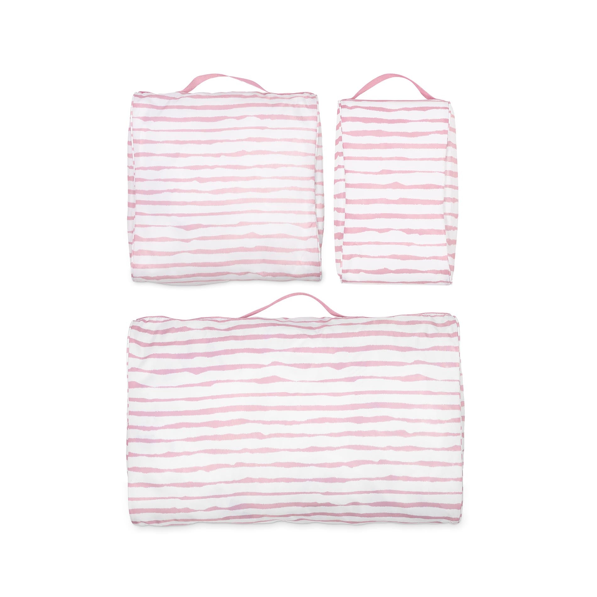Set of pink and white striped packing cube set on a white background
