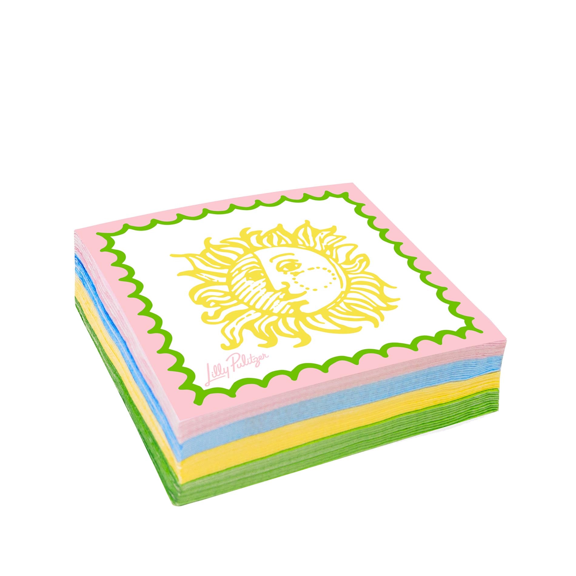 Stack of colorful napkins with a sun design on a white background