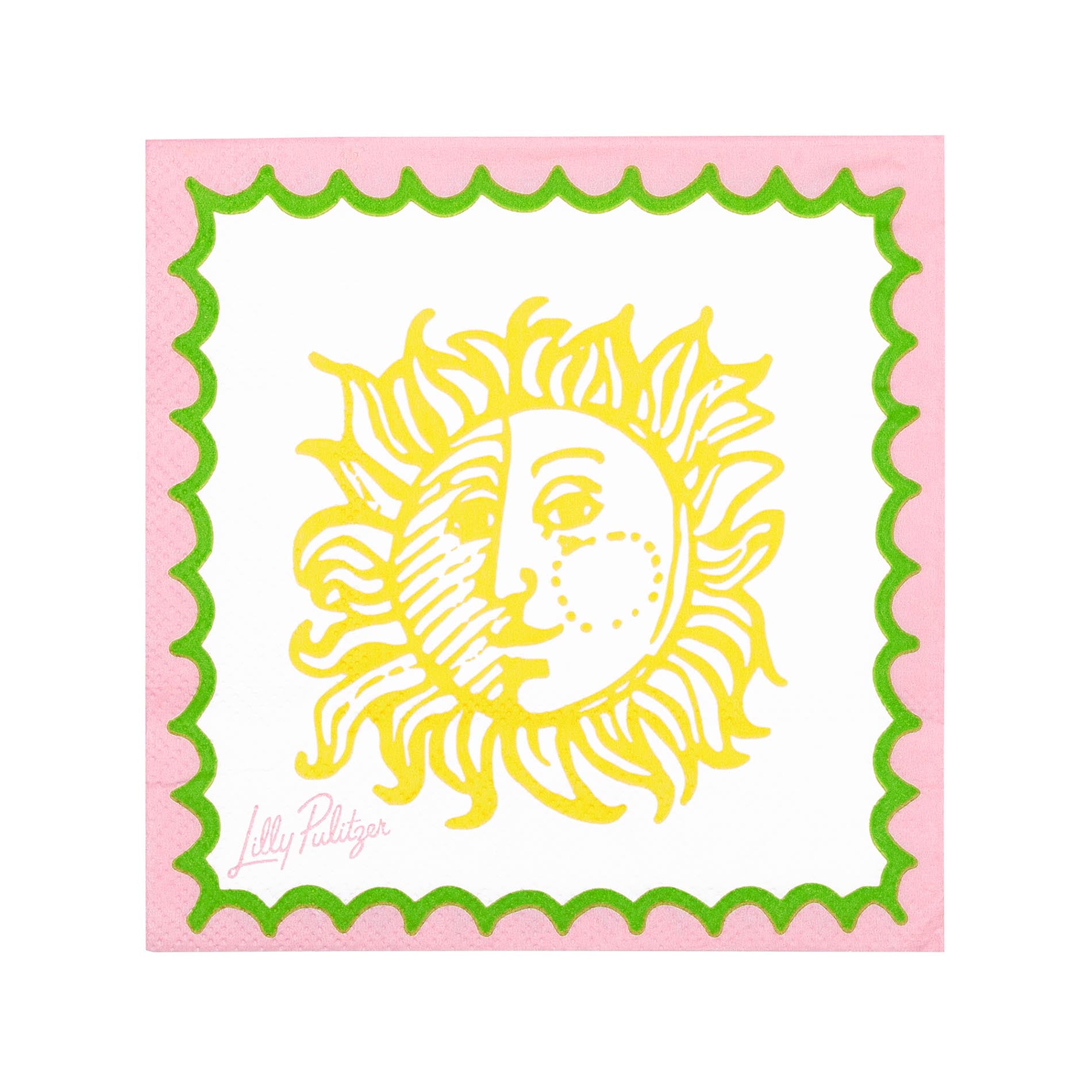 Yellow sun and moon design on a pink background with green border, featuring the Lilly Pulitzer logo.
