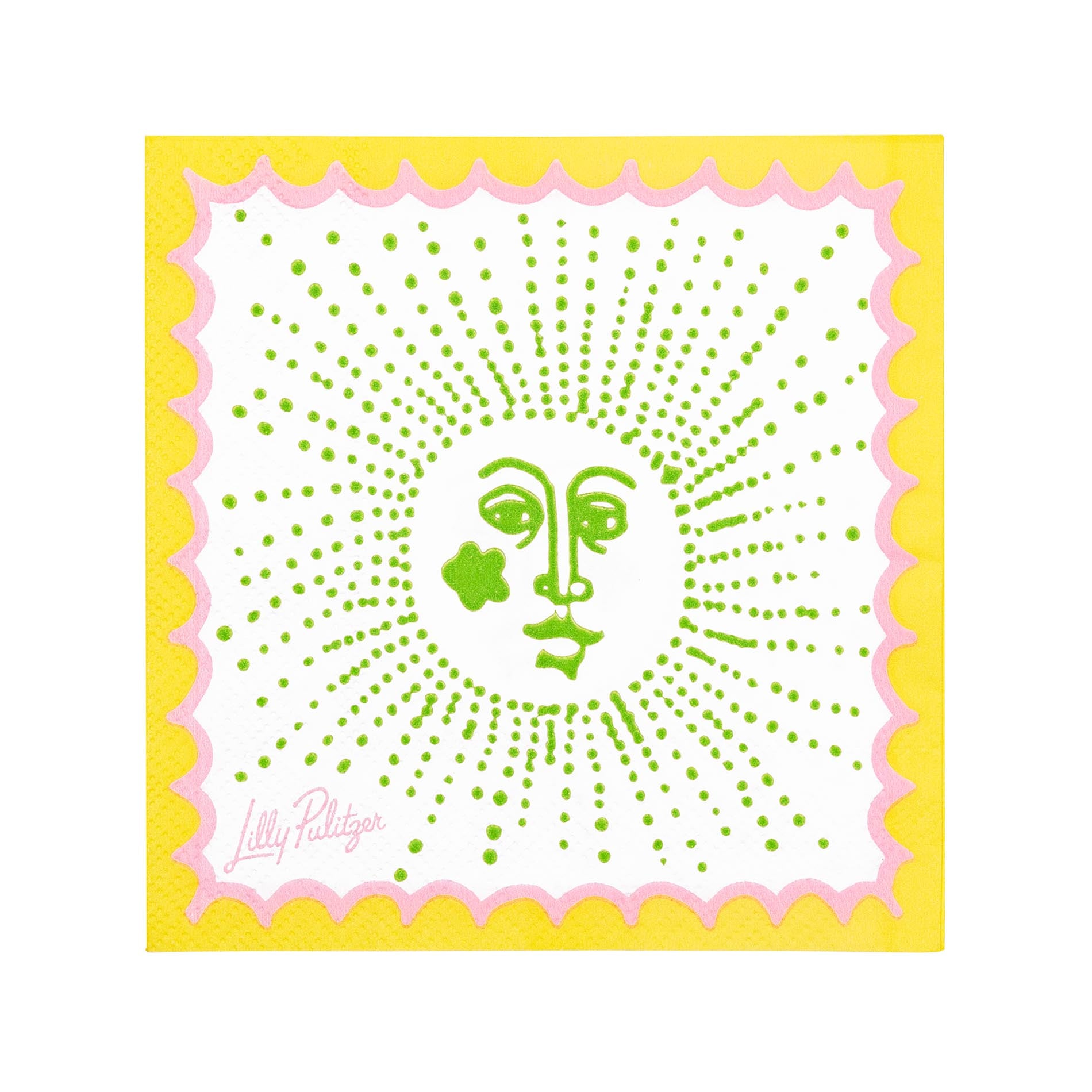 Decorative square with a face design in green on a yellow background, featuring the brand 'Lilly Pulitzer'.