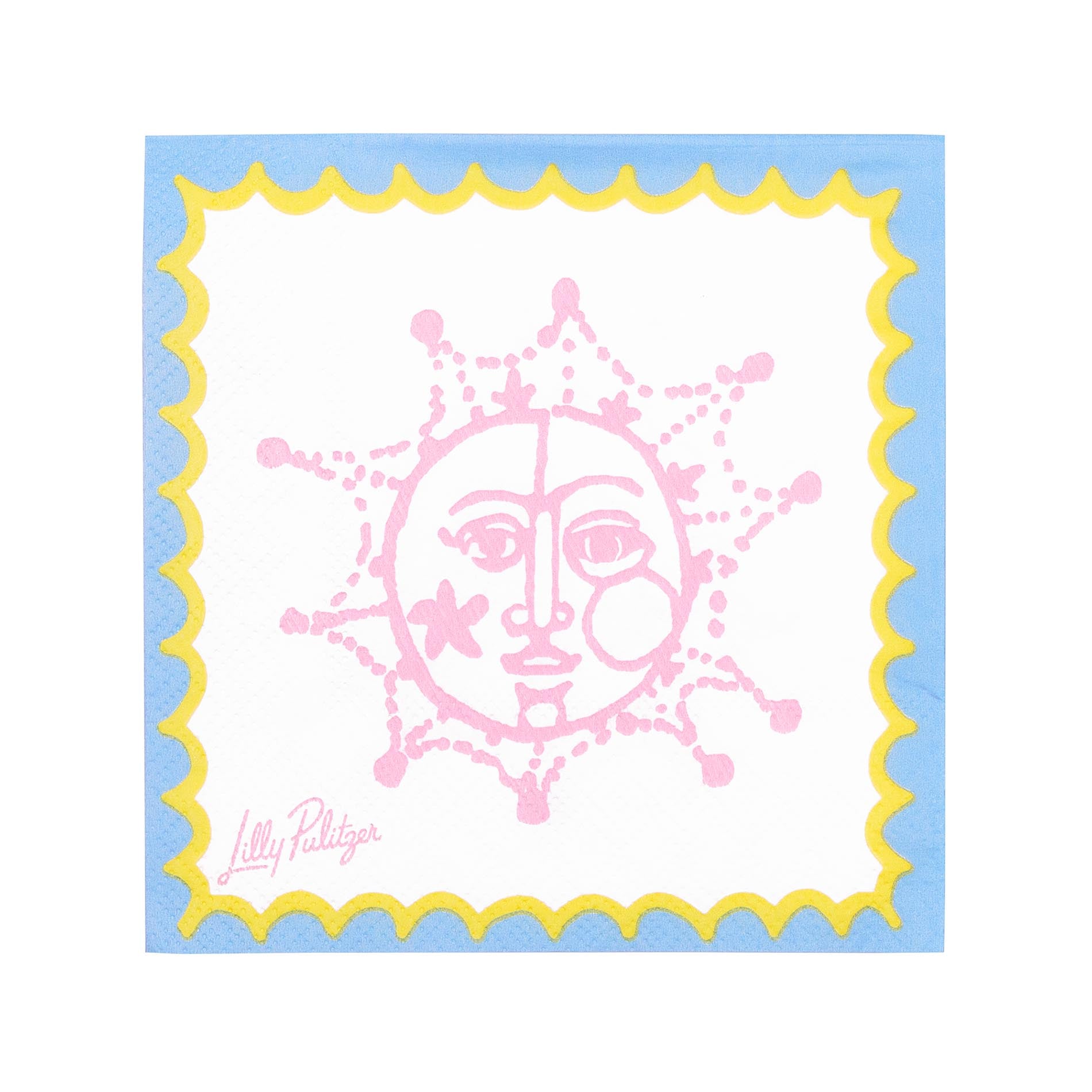 Pink sun and moon design with yellow border on blue background, featuring Lilly Pulitzer logo.