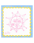 Pink sun and moon design with yellow border on blue background, featuring Lilly Pulitzer logo.