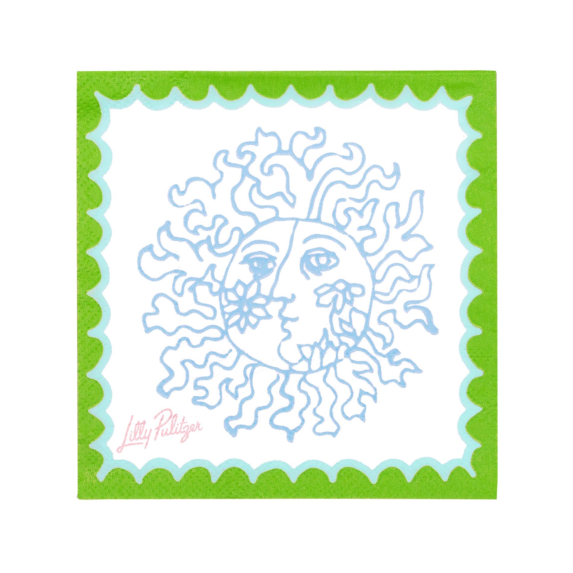 Design of a sun and moon face with a green border on a white background