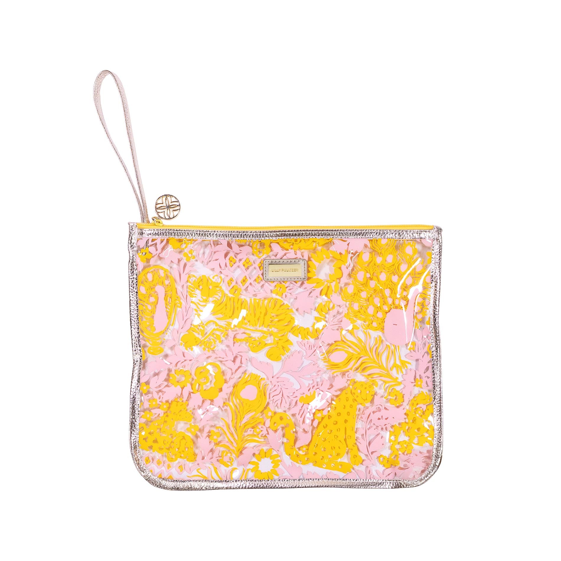Pink and yellow floral patterned pouch with a strap on a white background