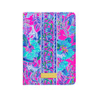 hot pink and blue tropical passport cover with gold label 'lilly pulitzer' across the bottom