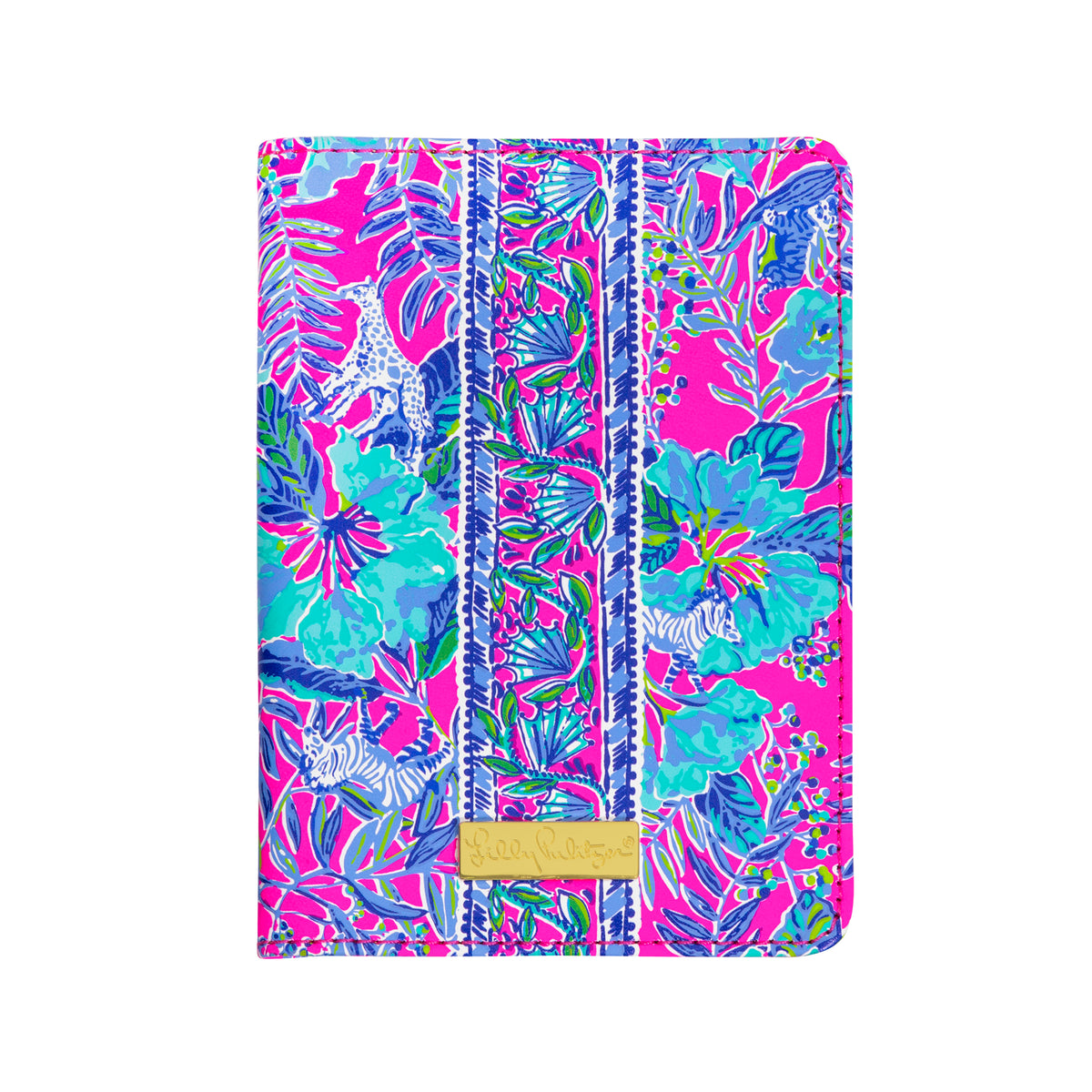 hot pink and blue tropical passport cover with gold label 'lilly pulitzer' across the bottom