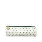 White cylindrical pouch with green polka dots and a gold zipper on a white background