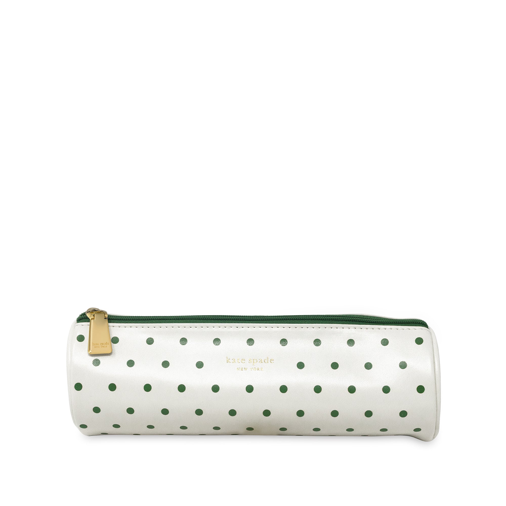 White cylindrical pouch with green polka dots and a gold zipper on a white background