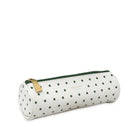 White cylindrical pouch with green polka dots and a gold zipper on a white background