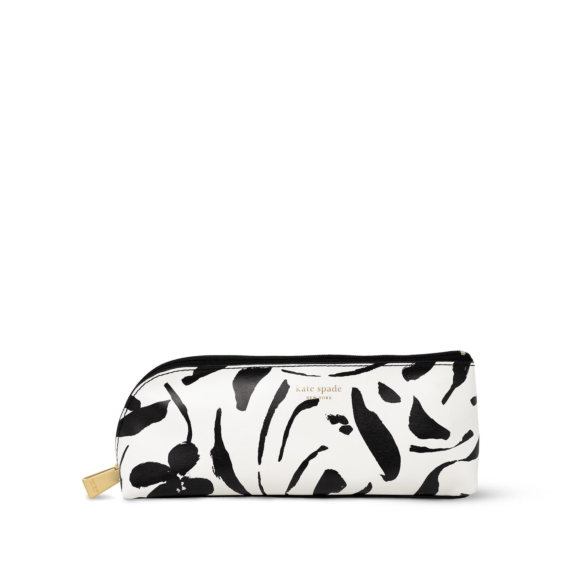 Black and white floral patterned pouch on a white background